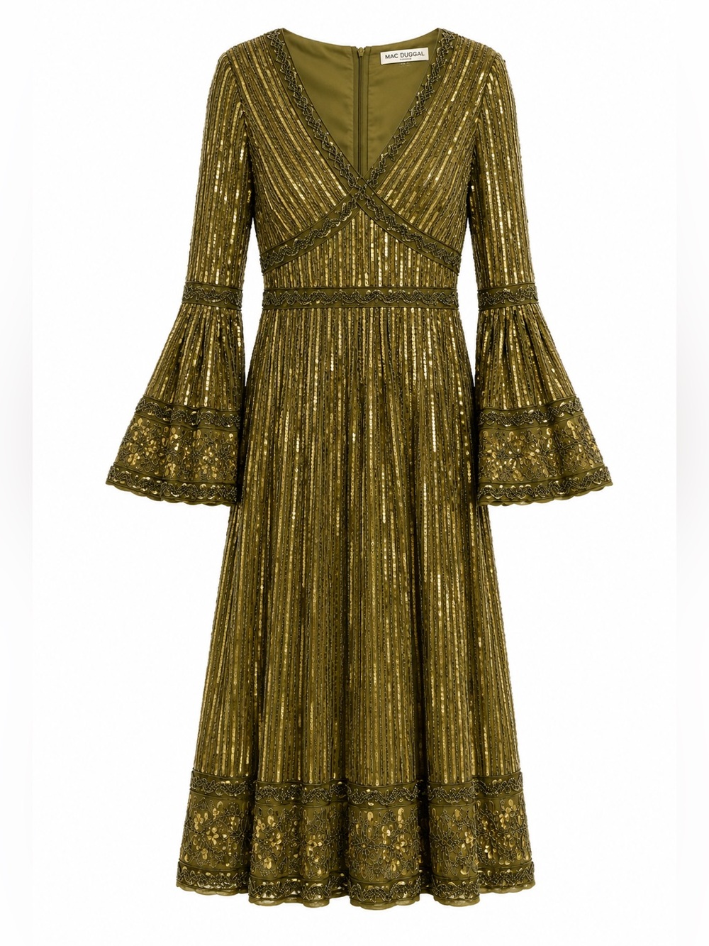 Mac Duggal Light Olive Sequin Beaded Bell Sleeve Midi Dress Size 14 NWT - Picture 5 of 10